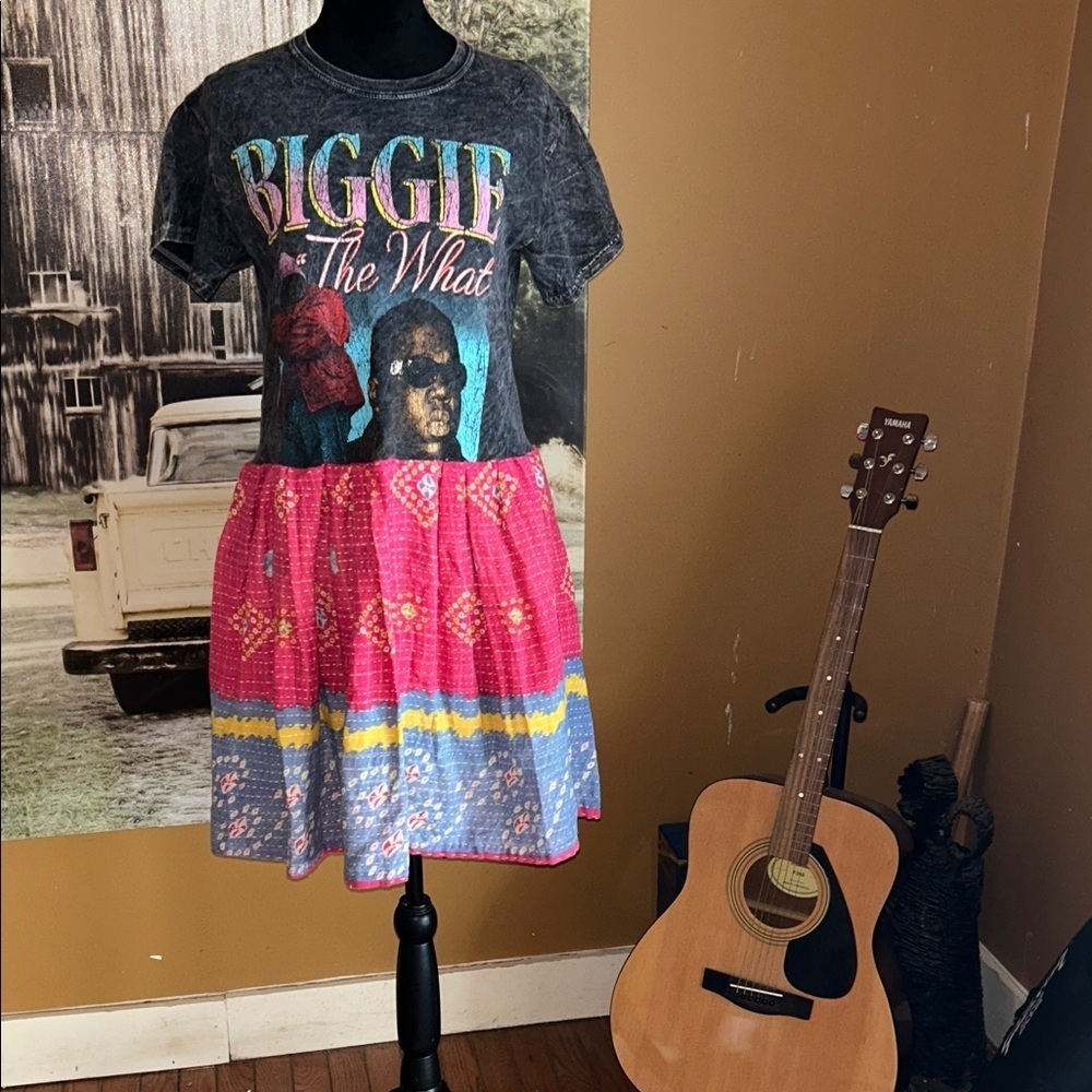 Upcycled Graphic Tee Dress with Colorful Skirt